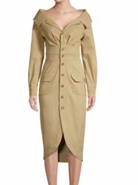 STAUD Tan Off-Shoulder Button-Front Midi Dress